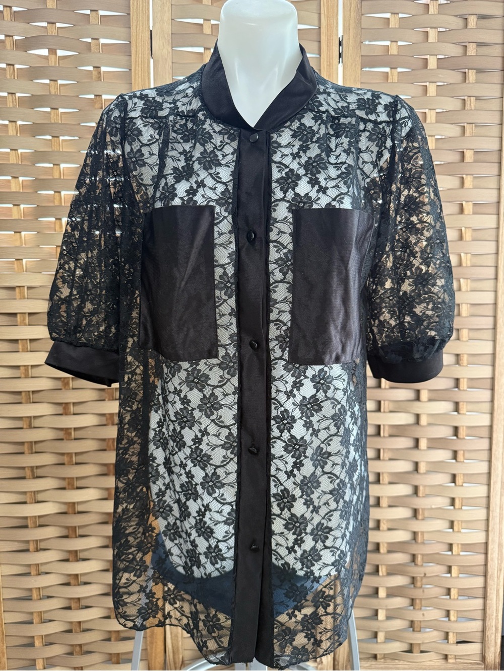 Fredricks Of Hollywood Vintage M 100% Nylon Floral Lace Puff Sleeve Night Shirt